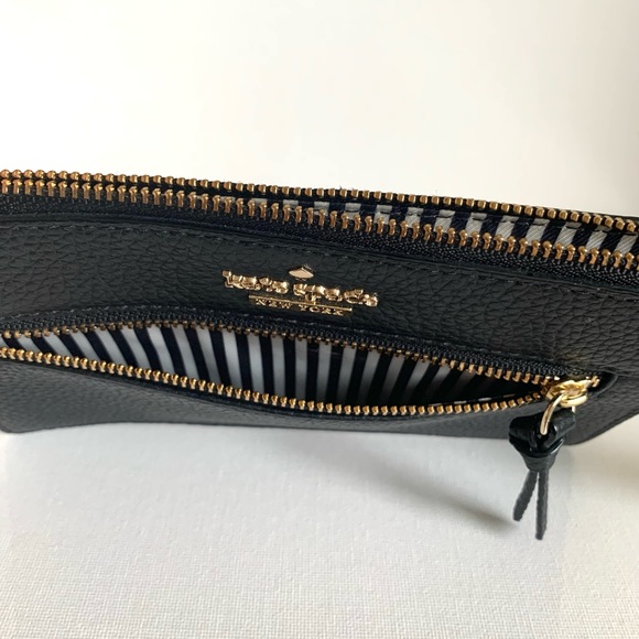 Kate Spade Black Pebbled Leather Wristlet with Metal Logo Like New Condition - Picture 2 of 6